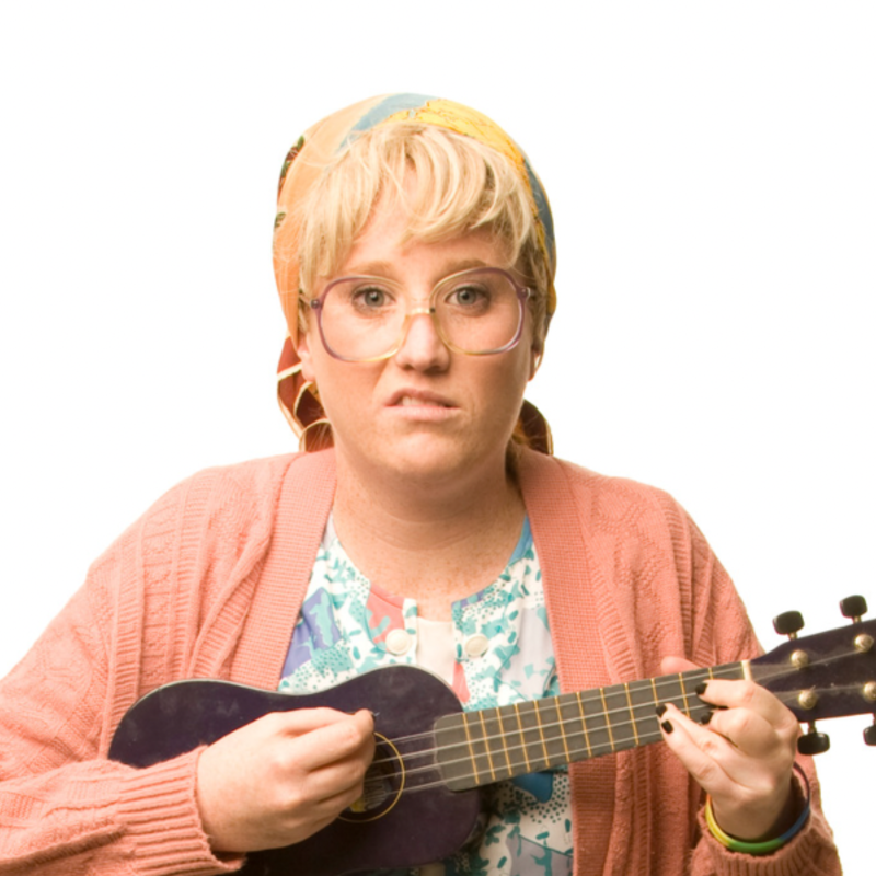 A picture of Granny Flaps holding her ukulele looking confused
