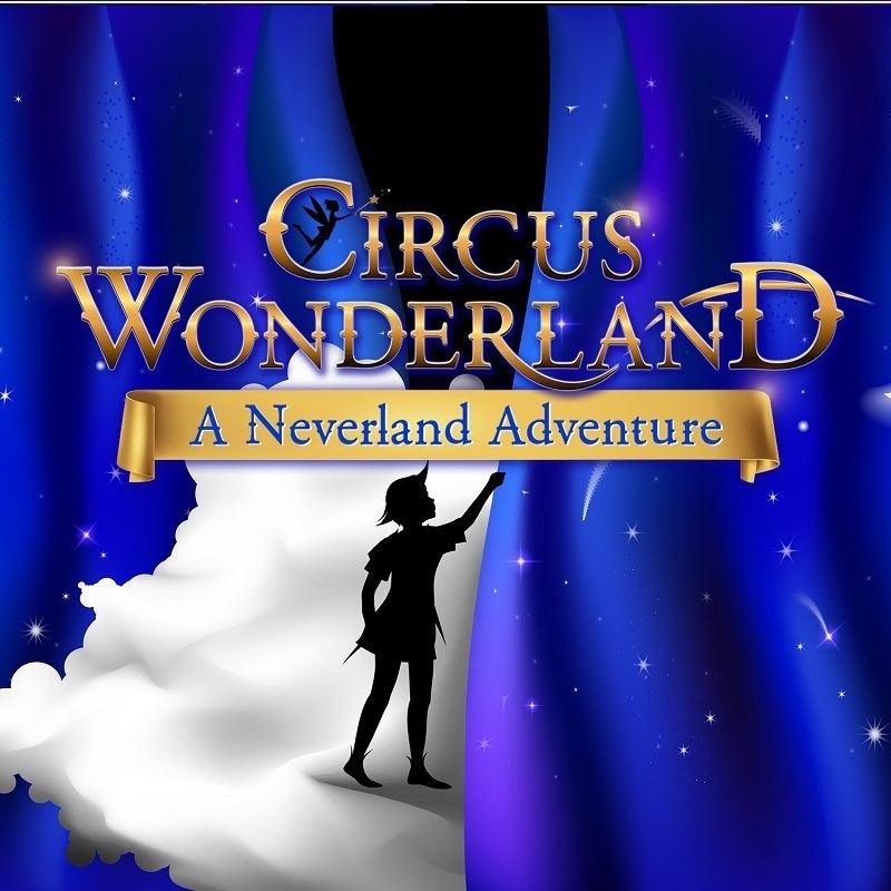 Circus Wonderland - A Neverland Adventure is written in front of a cartoon curtain. An image of Peter Pan is entering the curtain.