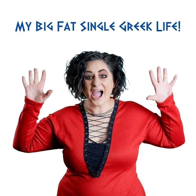 Woman in a red shirt stands hands above her head in surprise 
My Big Fat Single Greek Life is written above