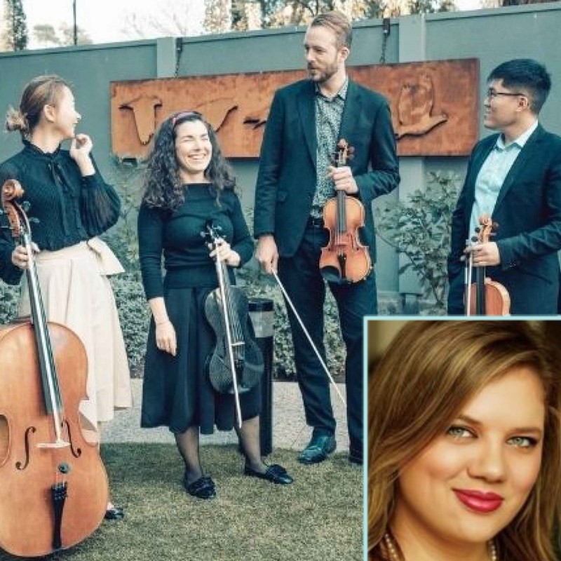 Bronzewing String Quartet Featuring Soprano Fiona McArdle - An image of four people holding different string instruments. There is an insert image of a woman’s face with blonde hair and green eyes.