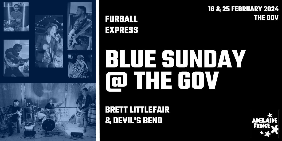 A digital event banner for two blues bands with images of musicians in the left side panel in black and white with a blue coloured filter and details of the shows in white text on a black background in the right hand panel