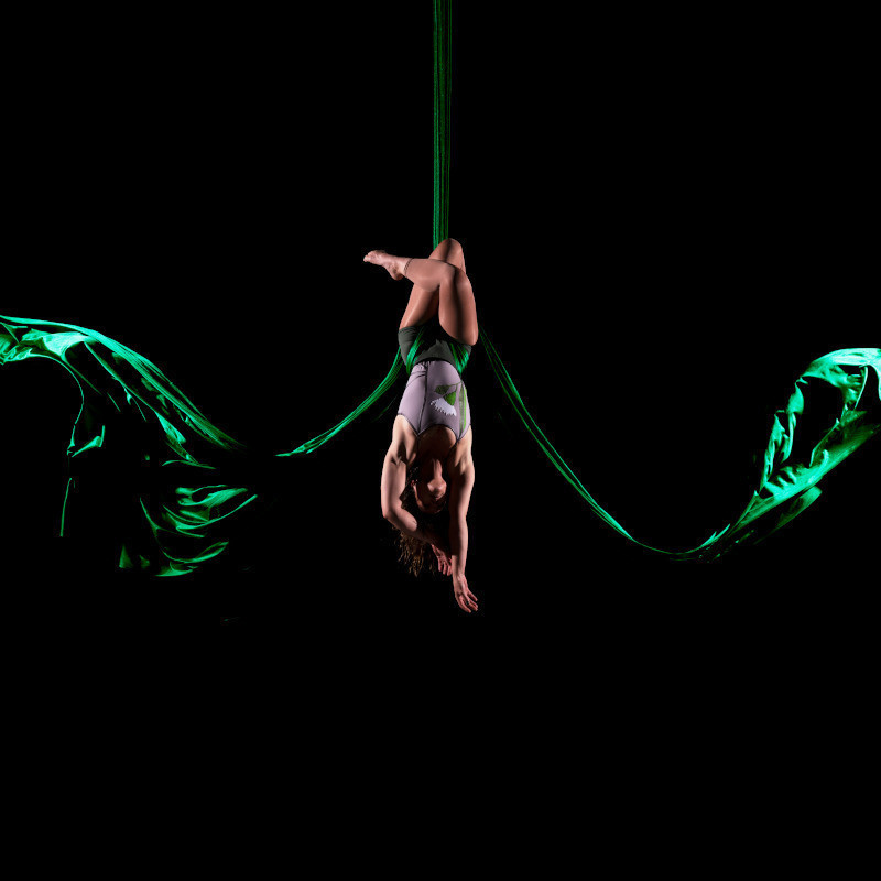 A female aerialist in a grey, floral leotard is suspended upside-down on a black background with her arms reaching towards the bottom of the frame. She is surrounded by a flowing, green aerial silk.