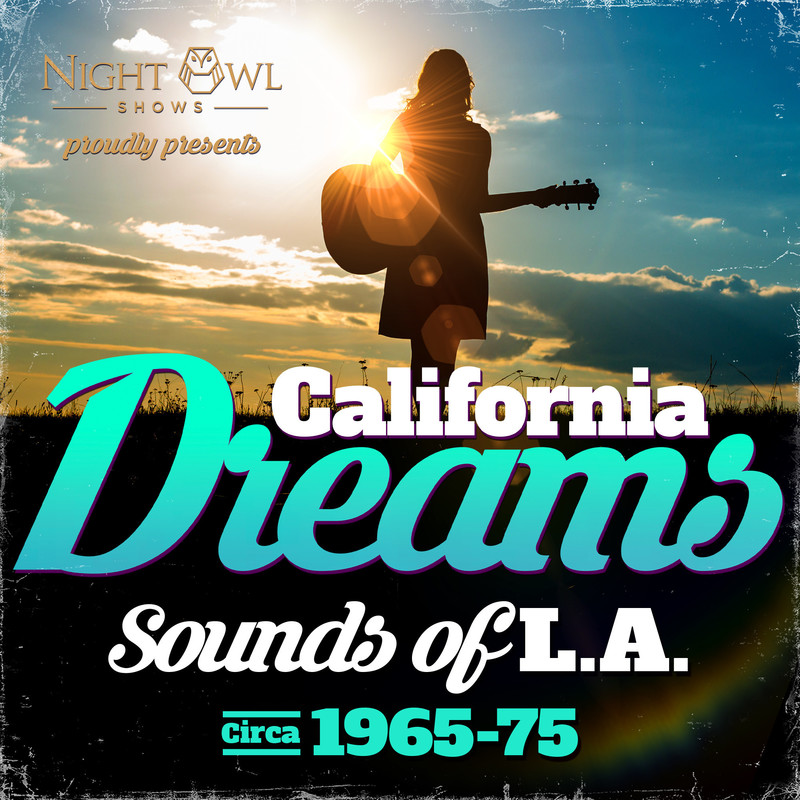 Logo for California Dreams and a guitar playing female walking into a sunset