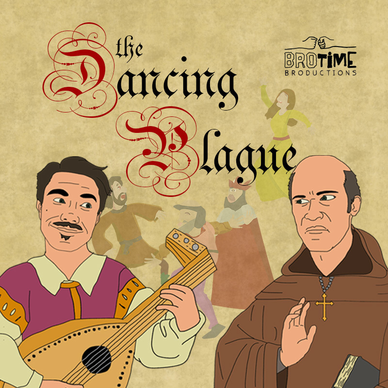 The Dancing Plague - Poster image for The Dancing Plague. Two medieval figures stand. One holds a lute smiling and looks at the other, a monk holding a bible.