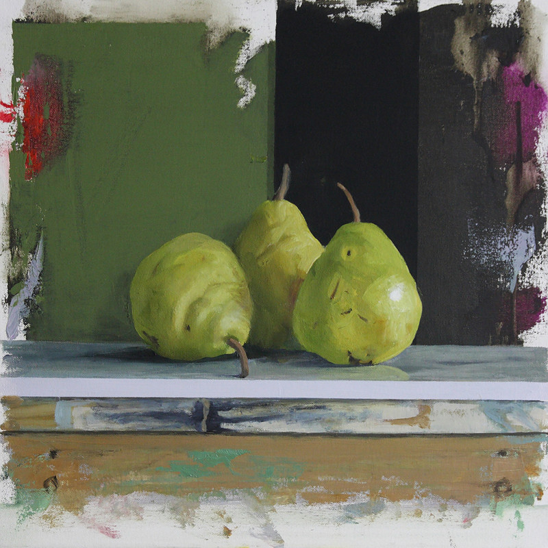 A still life painting of three pears on a bench.