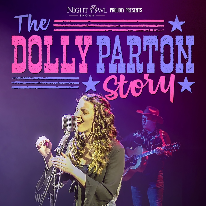 The Dolly Parton logo with lead singer Hannah Richards and guitarist Alex Beharrell