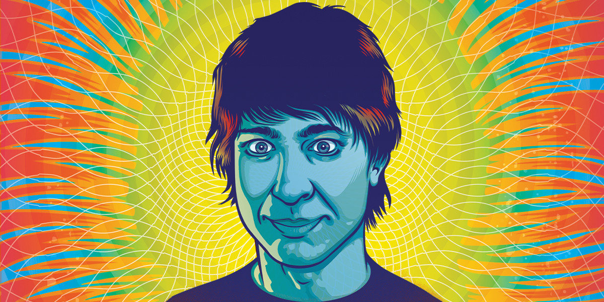 Brightly coloured drawing of Arj Barker's head and shoulders.