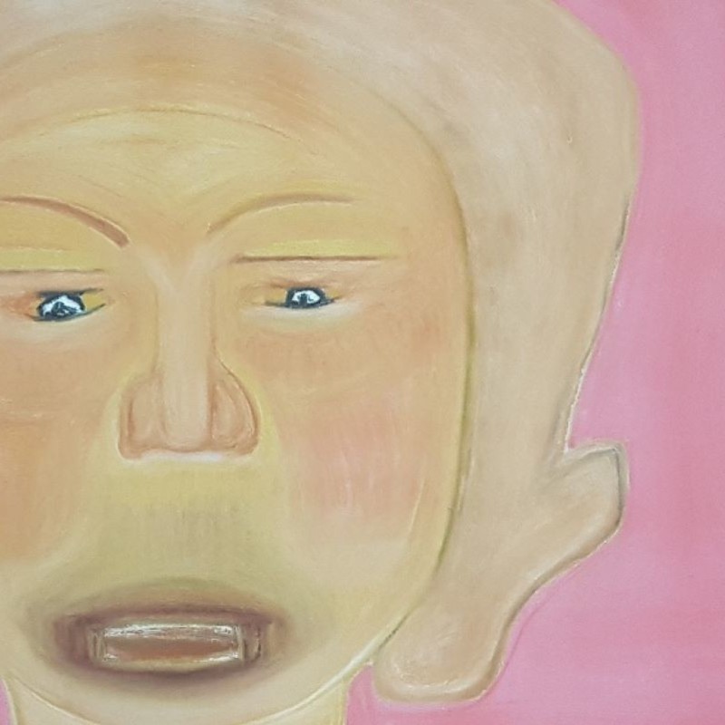 I didn't know I was drowning, till I saw the shore - A naïve style painting of a head with light coloured hair and a sad facial expression, the background is pink.