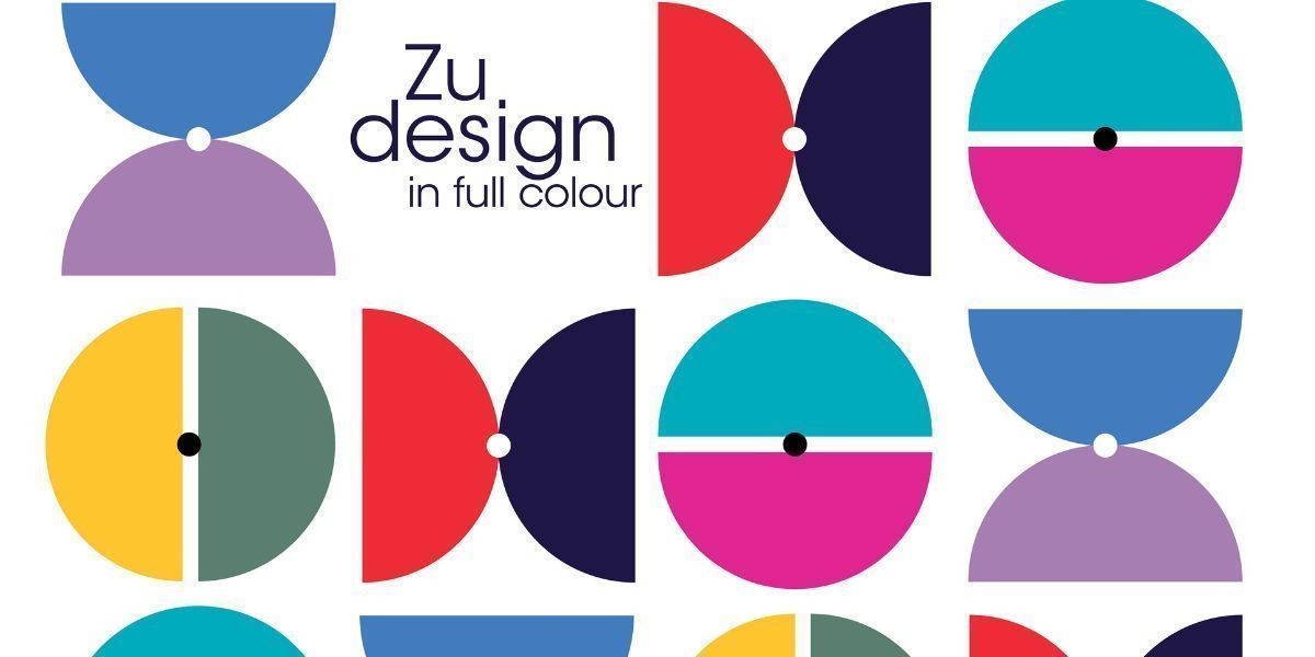 Zu design in full colour - ZU Design logo - print shapes creating a pattern background with Zu Designs text written on top