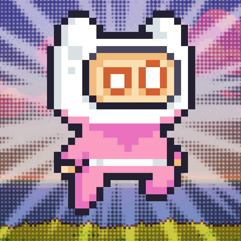 The Thought That Counts - A pixelated image of a video game character that has a pink body, and a white head. The character has two small ears on top of their head and plain white circular eyes.