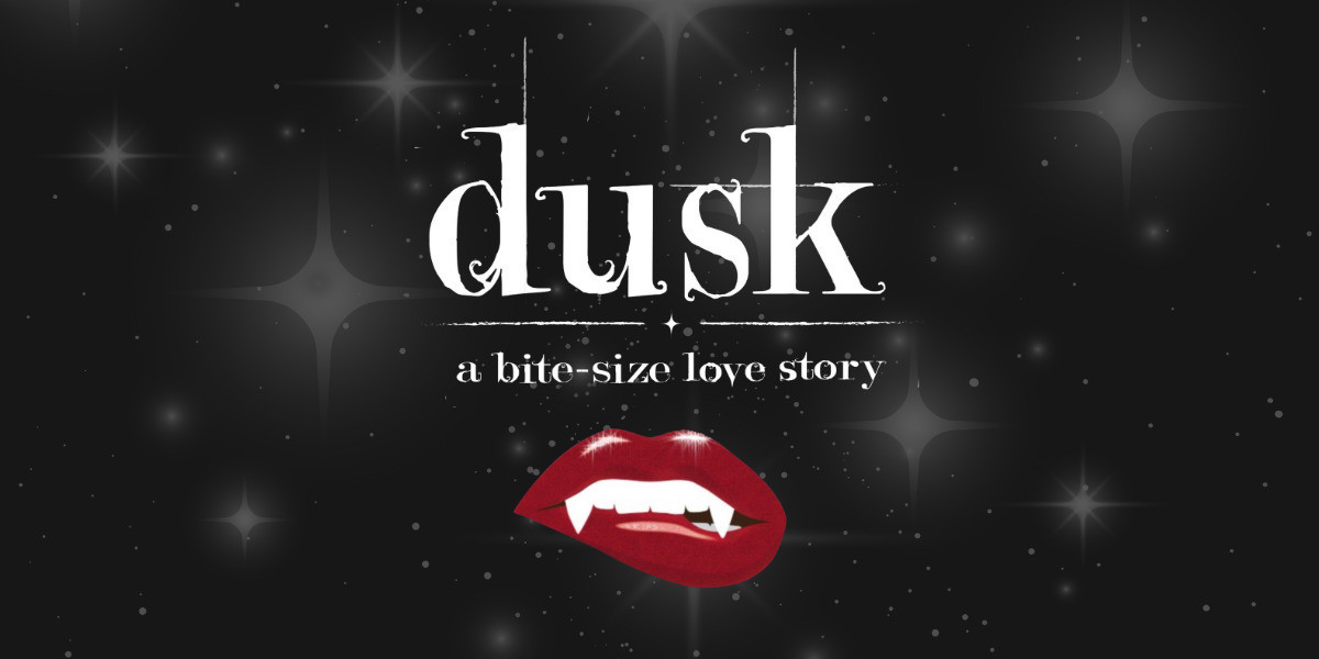 The logo for Dusk: A Bite-Size Love Story, a Twilight parody musical, featuring a stylized font and a vampire's mouth with a starry background.