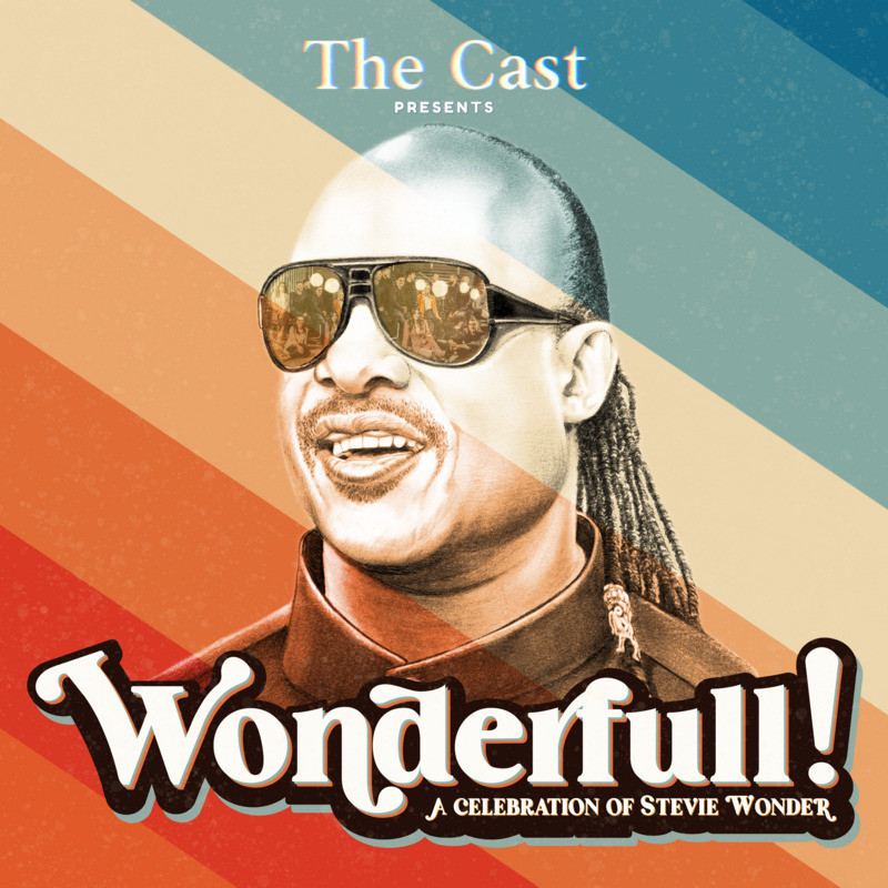 Retro looking sketch of Stevie Wonder smiling. Image of The Cast band in reflection of his sunglasses.