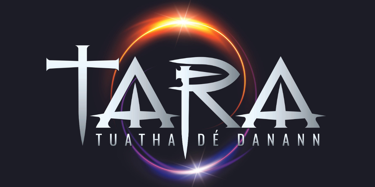 The words 'TARA--Tuatha Dé Danann' in silver surrounded by a purple and orange swirl