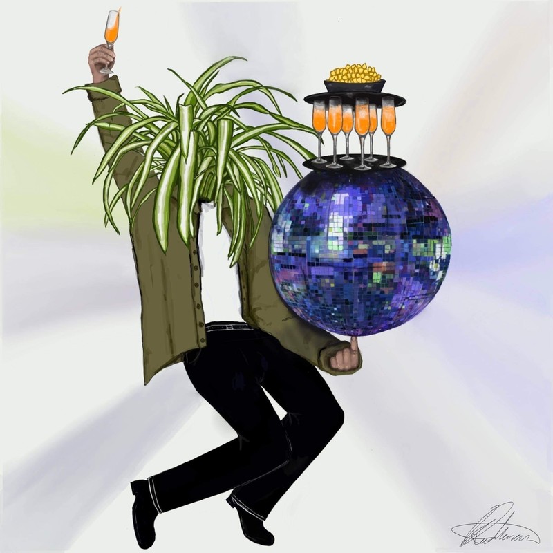 Disco Bottomless Brunch - Man holding a disco ball with plants coming out of it.