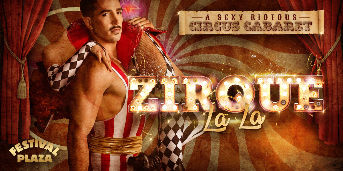 A golden man, dressed in red standing in front of a circus tent background with the words Zirque La La