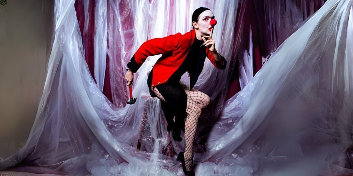 Elf poses mid-sneak  - one hand at her lips, the other hand holding a hammer - against a background of draped plastic sheeting. She is dressed in a black knee-length dress with thigh high splits, a red suit jacket, black fishnet stockings and black slip on shoes. She wears traditional white-faced clown make-up with a black wig cap.