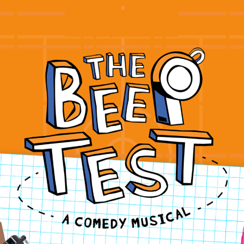 A title of 'The Beep Test,' in cartoonish block letters. Within the text the P has been drawn to resemble a whistle. Underneath the cartoonish title are the words 'a comedy musical in black.' On either side of this are two black wreaths framing the words 'Winner Julie Michael Cabaret Award 2019' on the left, and 'Nominee Martin Sims Award 2020.' Behind this title and text is an orange background with a faded basketball court markup on it. At the lower half are collaged images of criss-cross markup paper, scrawled-scribbled pencil text, and the pasted image of a brown clipboard, black whistle, pink water-bottle and green milo tin.