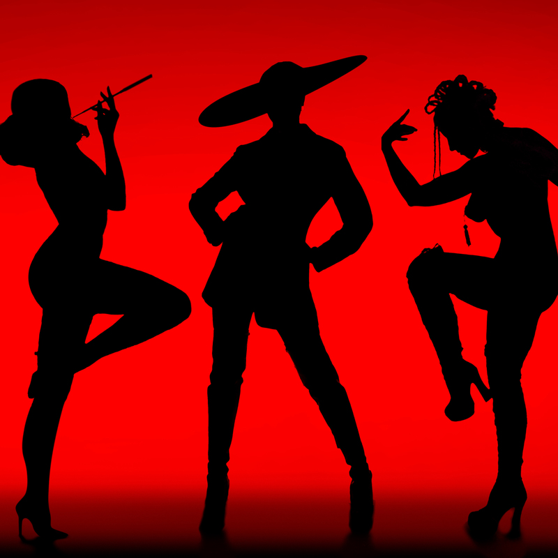GRIT - Dark silhouettes of three women in dance poses on a red background.