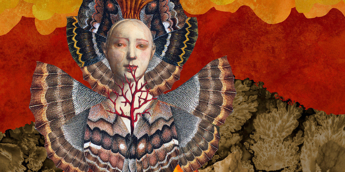 A fantastical collaged image featuring a person comprised of moth wings and watercolour facial features against a background of mountainous layers of orange, red and a patterned texture.