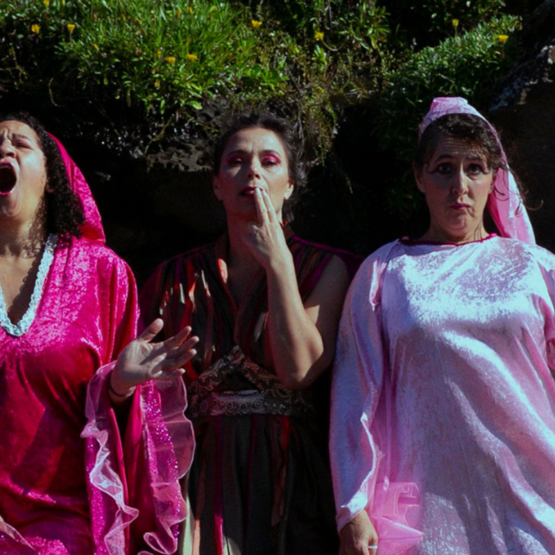 Three brown women stand in front of a natural rock face with some foliage behind them. The women stand close together. and side by side. On the left is a women dressed in dark pink robes with her hand in the folds of her robe near her vulva with the look of of a delighted scream on her face. In the middle is a woman who is dressed as a high priestess - gold and pink robes. She has her left arm forward out of the robes and bent at the elbow with two fingers touching her mouth. The woman to the right of the image is dressed in light pink and is looking earnest as she holds up her left arm and hand in a 'scouts honour' pose.