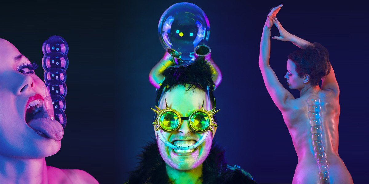 three figures featuring bubble tricks. Person one has a stack of floating bubbles on her tounge, person 2 wear horns with a bubble in between them, person 3 has a line of bubbles that runs the length of their back on their spine.
