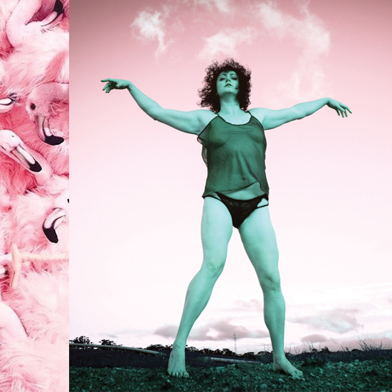 Desperately Seeking Duende - A photo of pink flamingo's in a panel across the left hand side of the image. The main part of the image is a black and white image of a woman standing with legs apart and arms extended. She wears a sheer black singlet and black lacy underwear. The background is a pink shaded sky with white wispy clouds.