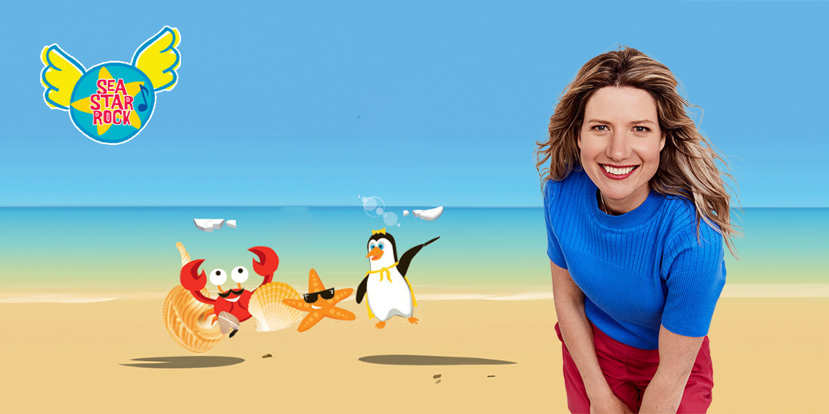 SeaStar rock logo in the top left hand corner, a cartoon image of a crab, a starfish and a penguin.There is a person in a blue top and pink shorts.