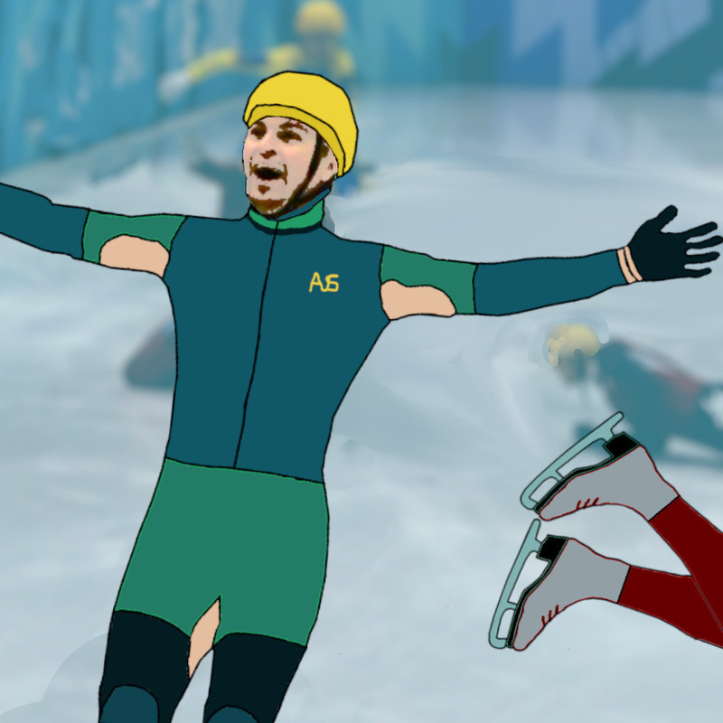 George Glass: Bradbury The Musical - cartoon version of Steven Bradbury on the ice rink at the Olympics with his arms stretched out, behind him are the skaters that have fallen over.