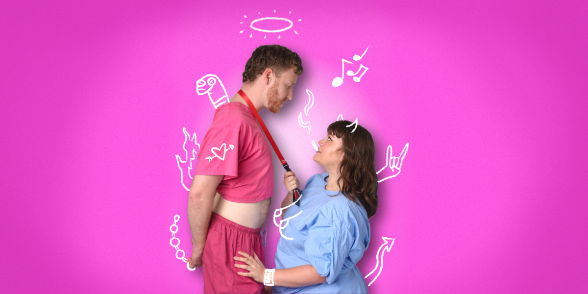 Hot Fat Crazy - Two people standing against a vibrant pink background. One in nurse's scrubs towering over the over in a sexually dominating way. The other in a Hospital gown staring up into the nurse's eyes, while tugging on their lanyard. 
They are both surrounded by hand drawn white graffiti as if someone has scribbled things all over them.