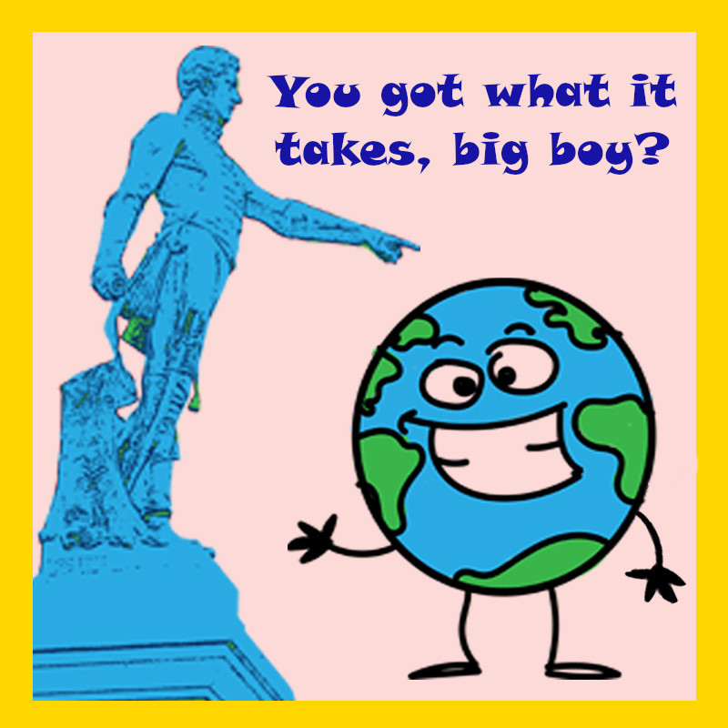 A blue graphic rendition of the Colonel Light statue, pointing to a cartoon of planet Earth.