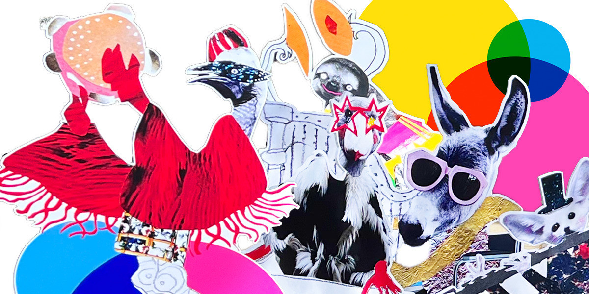An collage of Rebecca Davis' characters which include; a cassowary wearing a red top with long fringe tassels playing the tambourine, a sporty looking sloth with cymbals jumping in the air, a shoebill keyboard player with red start glasses and red gloves, an donkey with pink sunglasses playing the harp and a fancy jerboa playing the flute in a top hat and tails with long pointy shoes. Bright yellow pink and blue overlapping coloured circles in the background.