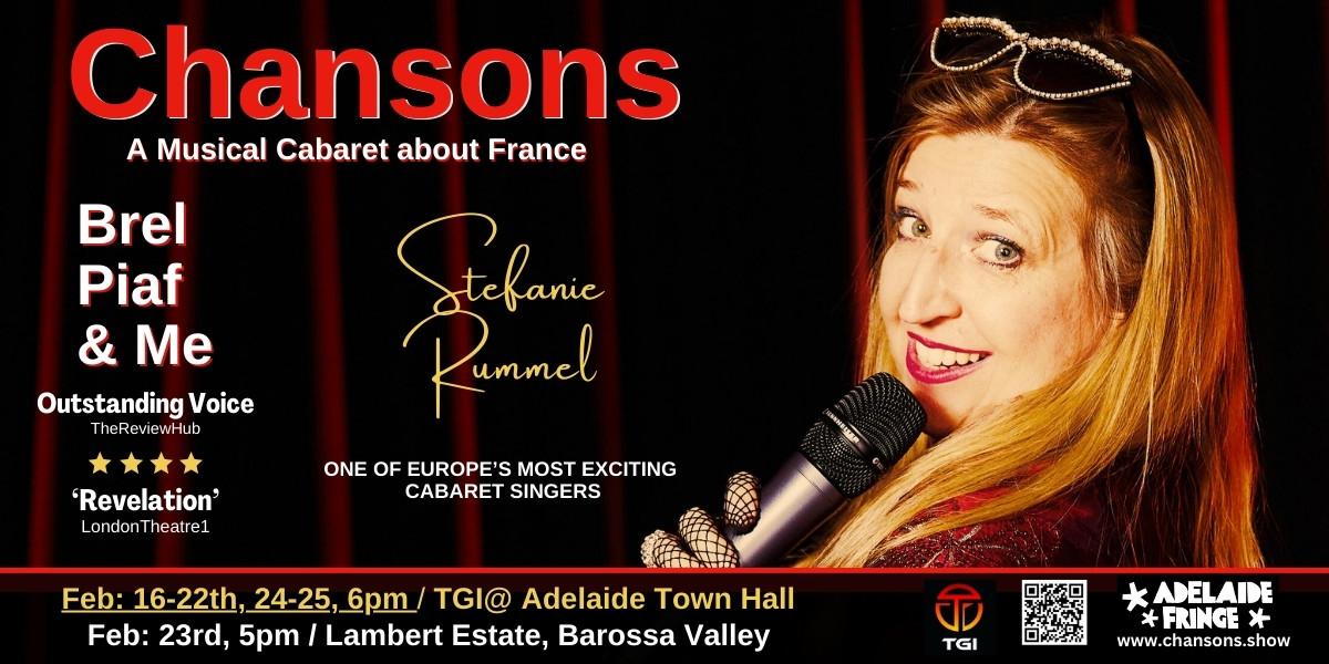 Chansons:  Piaf, Brel & Me - Musical Cabaret About France - Poster of Stephanie Rummel turning - mid-song - to look at the camera.