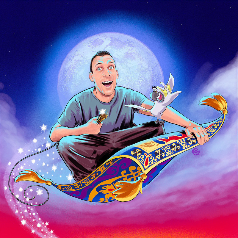 Michael Shafar - The Return of Shafar - Cartoon picture of a person with short brown hair, wearing a blue tshirt and holding a gold microphone. Standing in front of a night sky and full moon