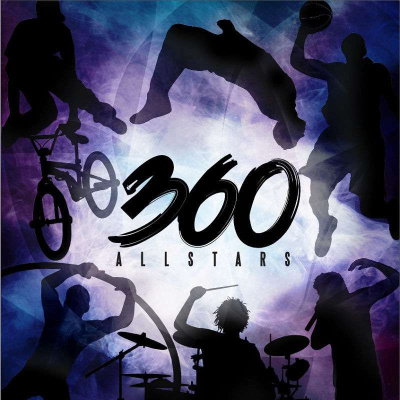 360 ALLSTARS logo surrounded by silhouettes of each of the artists, including a bmx rider, a basketballer, a breakdaner, a drummer, a vocalist and an acrobat.