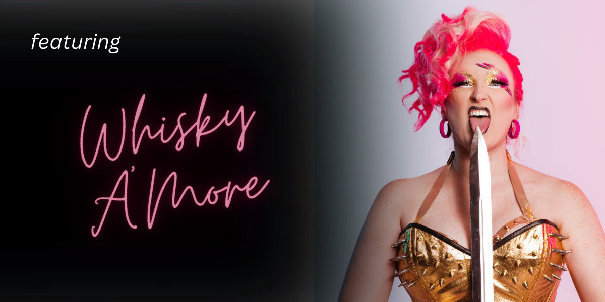 Whisky has pink and blonde hair in faux mohawk. She is standing straight on to the camera in a gold corset with spikes around the bust area. She is holding a sword in front of her and licking the tip. One half of the image there is the text 'featuring Whisky A'More' on a black background.