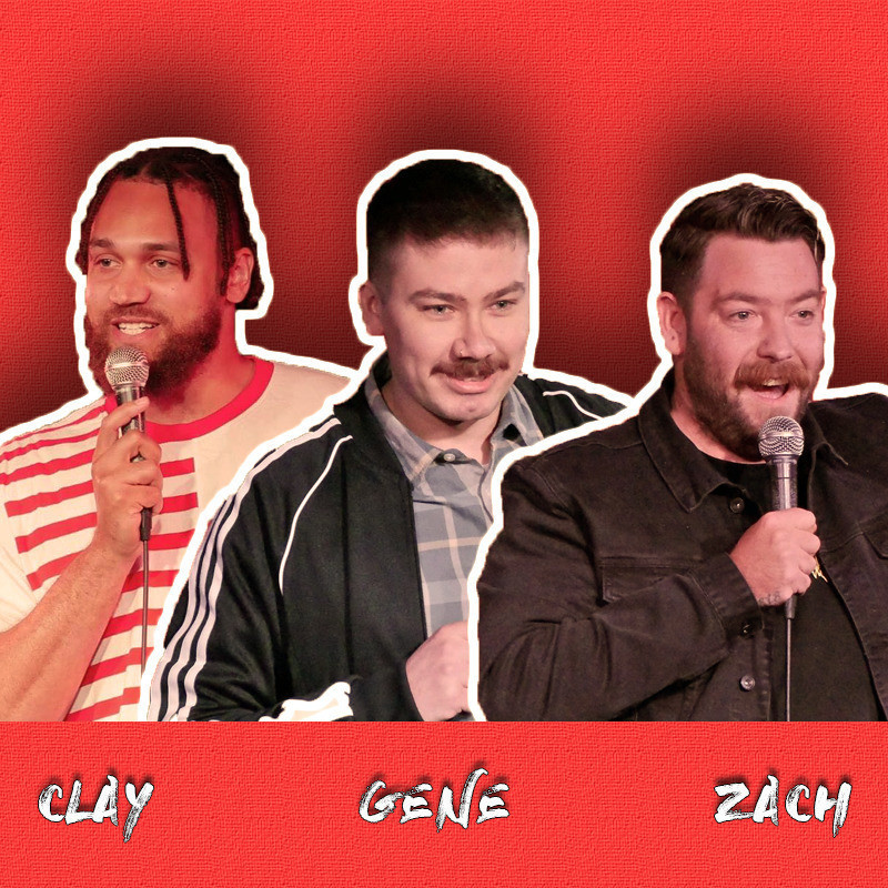 Who Killed Santa - Cut out images of three men all holding microphones are put together in a red background. Their names are below them. From left to right: Clay, Gene, Zach.