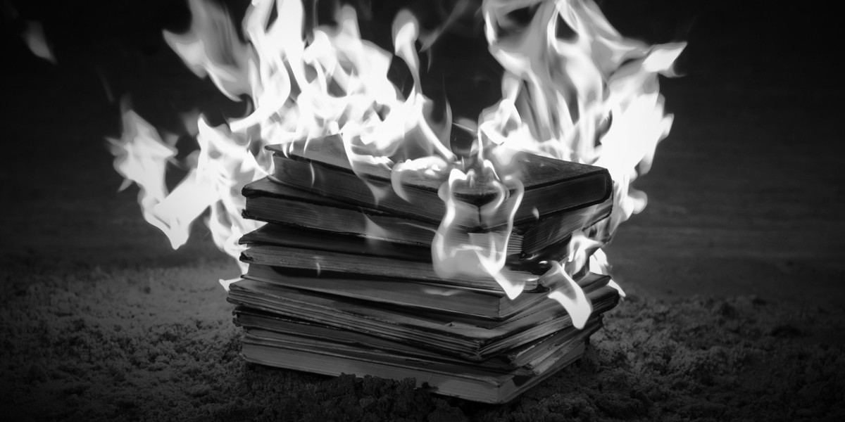 The Ark - A black and white image of a small stack of books that have been set on fire.