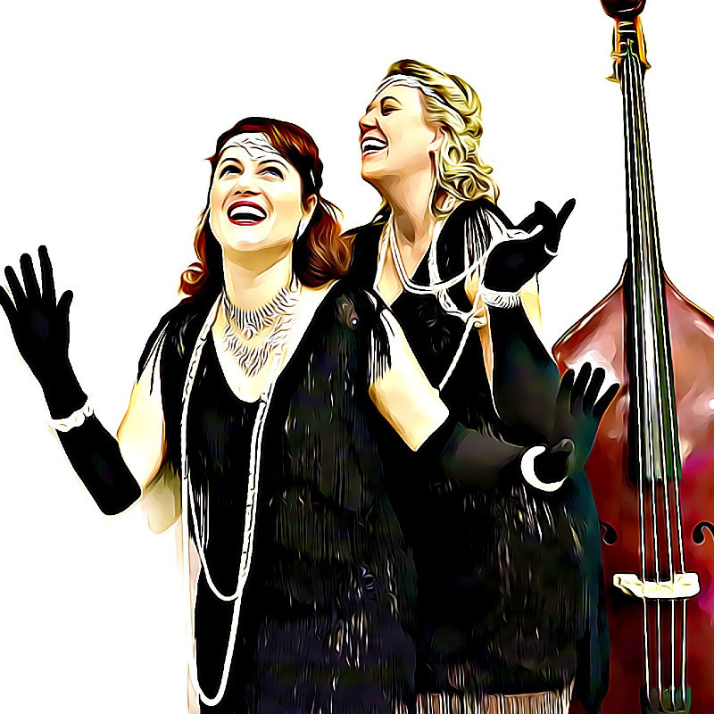 a stylised cartoon depiction of two 1920's "flapper" girls, throwing their hands up in glee as they laugh riorously. behind them is a double bass