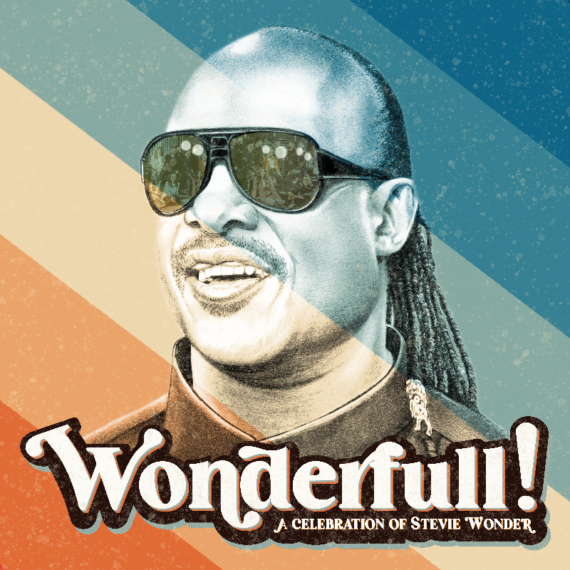 Image of a sketched portrait of Stevie Wonder, with colourful background. Printed words "Wonderfull! A Celebration of Stevie Wonder" at the bottom of the picture