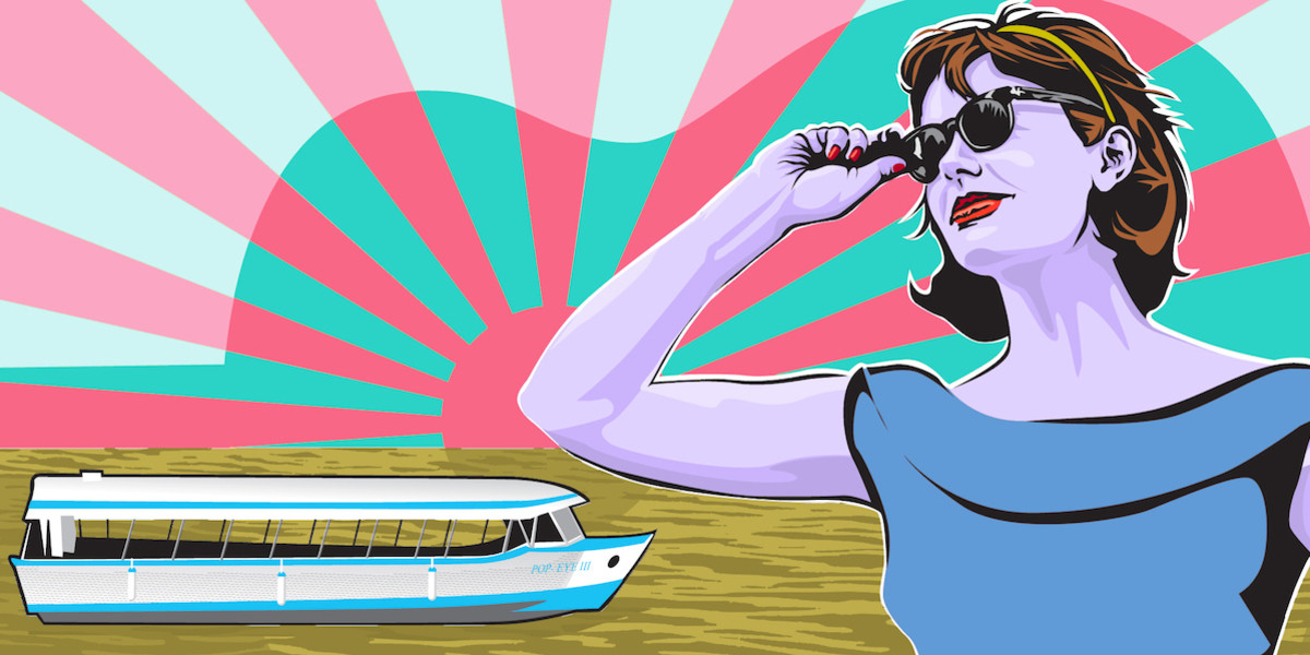 Sundown, Sundown - A graphic illustration of a turquoise silhouette of a guitar and a hot pink sun on gold water, with a blue and white boat and a woman in sunglasses with red lips, a blue top and purple skin.