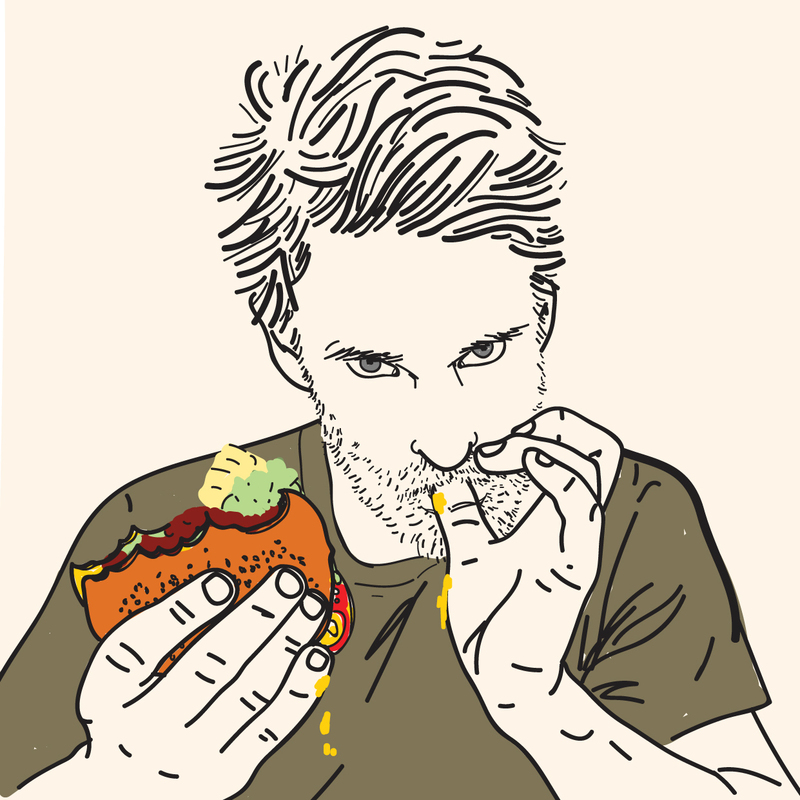 Luke Heggie - Grot - A drawing of Luke looking directly ahead, holding a burger that is spilling out. He is licking his fingers.