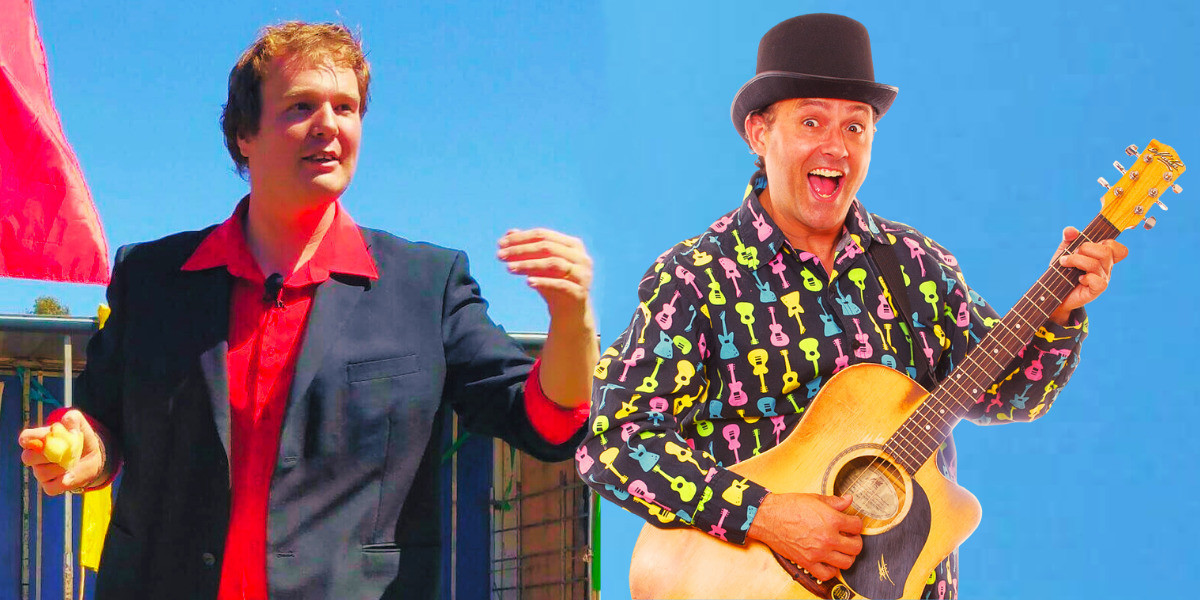Scott is practicing his magic outdoors while Tony is posing with his top hat and guitar