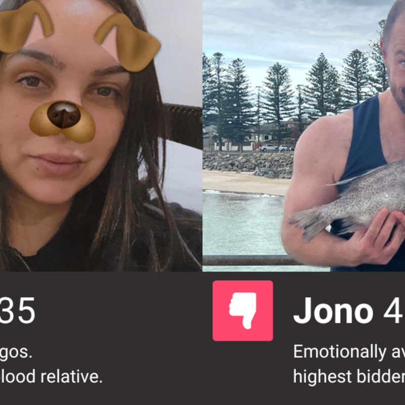 Sophy has a dog filter and her actual dog is behind her. Jono is holding a fish on Brighton jetty. Underneath them is a fake Tinder bio. Sophy's says "Must love doggos . And not be a blood relative. Jono's says "emotionally available to the highest bidder.