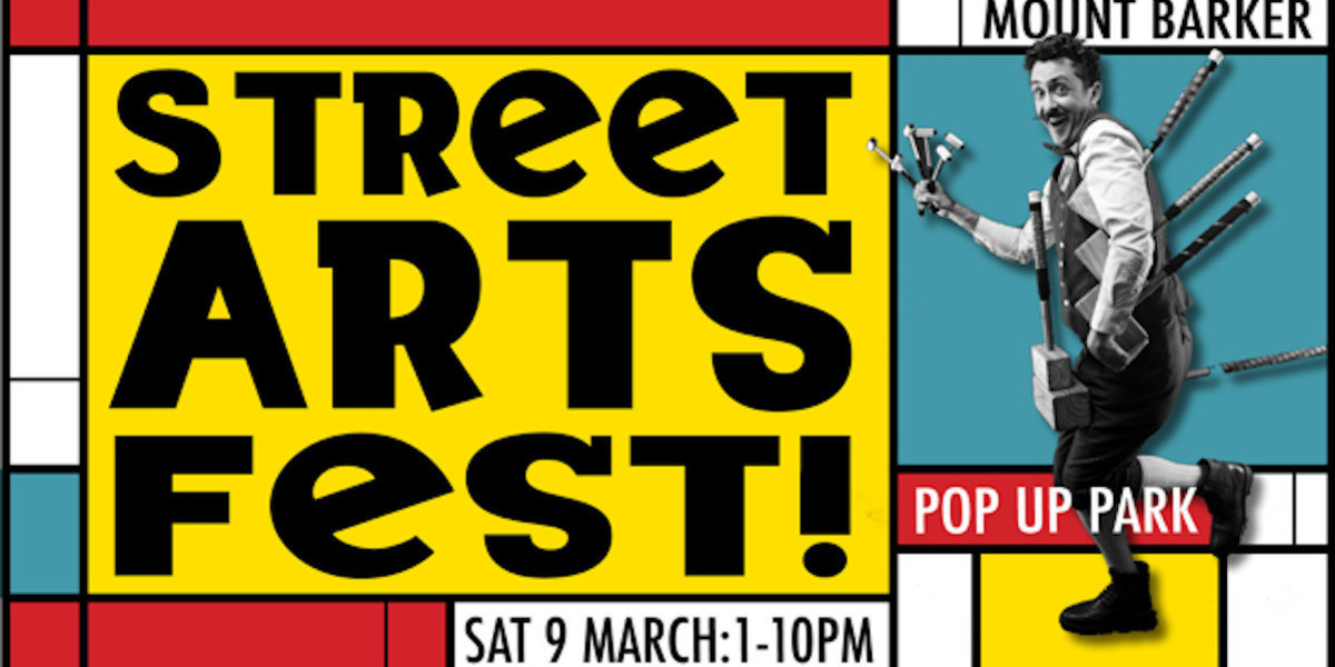 STREET ART FEST! - 'STREET ART FEST" a colourful poster with yellow, blue and red squares.