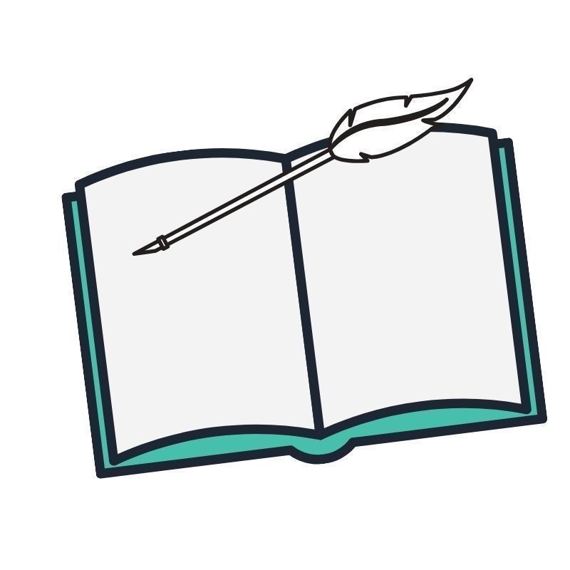 An Introduction To Stand Up Comedy Writing 2.0 - A digital line drawing of an open book and a quill with a feather above it. The cover of the book is turquoise, the inside pages are blank, the background it white.
