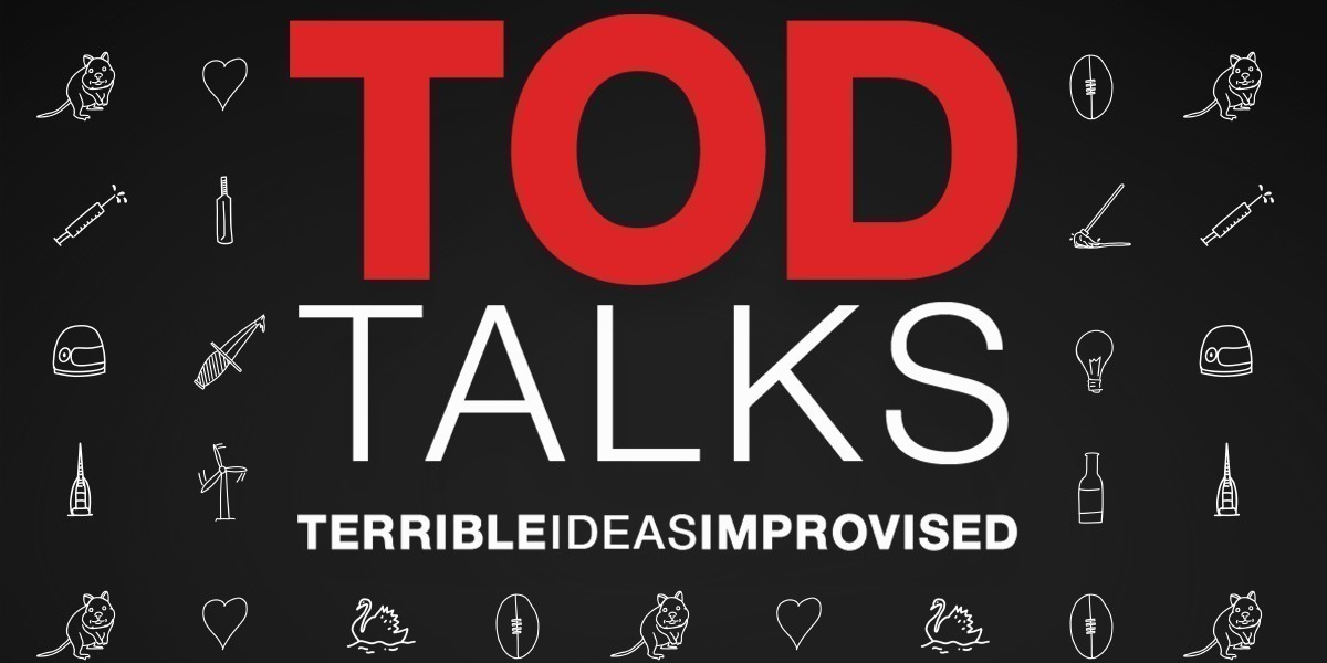 The text "TOD Talks" is over a black background, surrounded by handdrawn miscellaneous icons