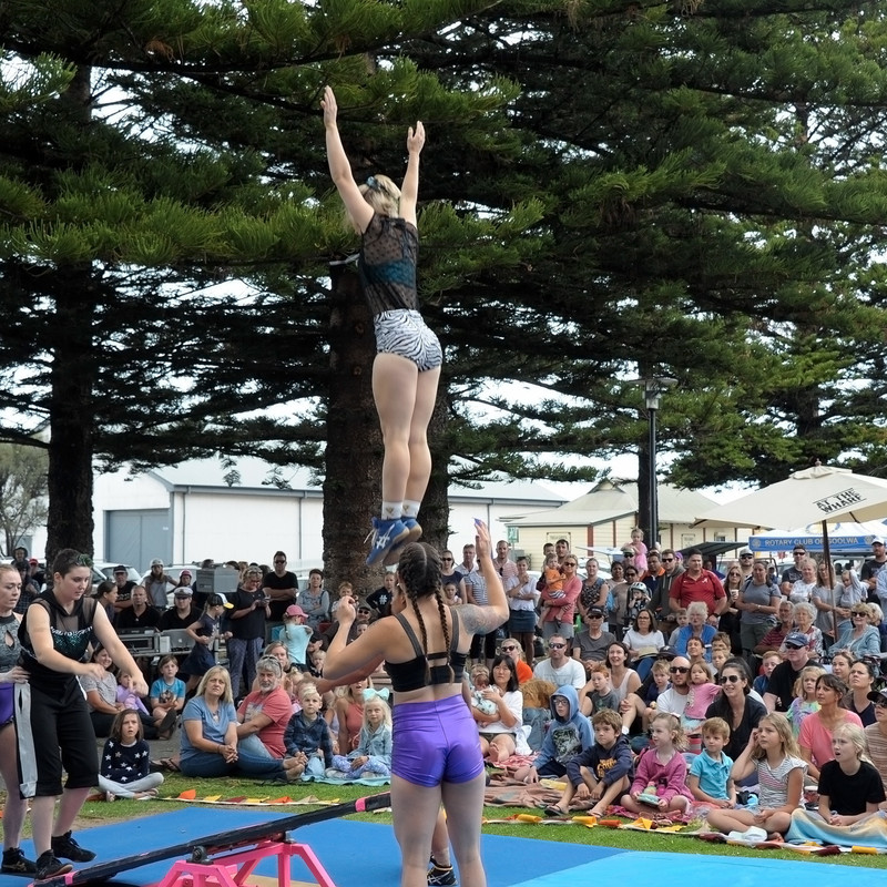 A photograph of a person suspended in the air above a seesaw, as another person has landed on the other side. There is an audience of people both seated and standing surrounding the performers watching with intent. There is a large tree in the background.