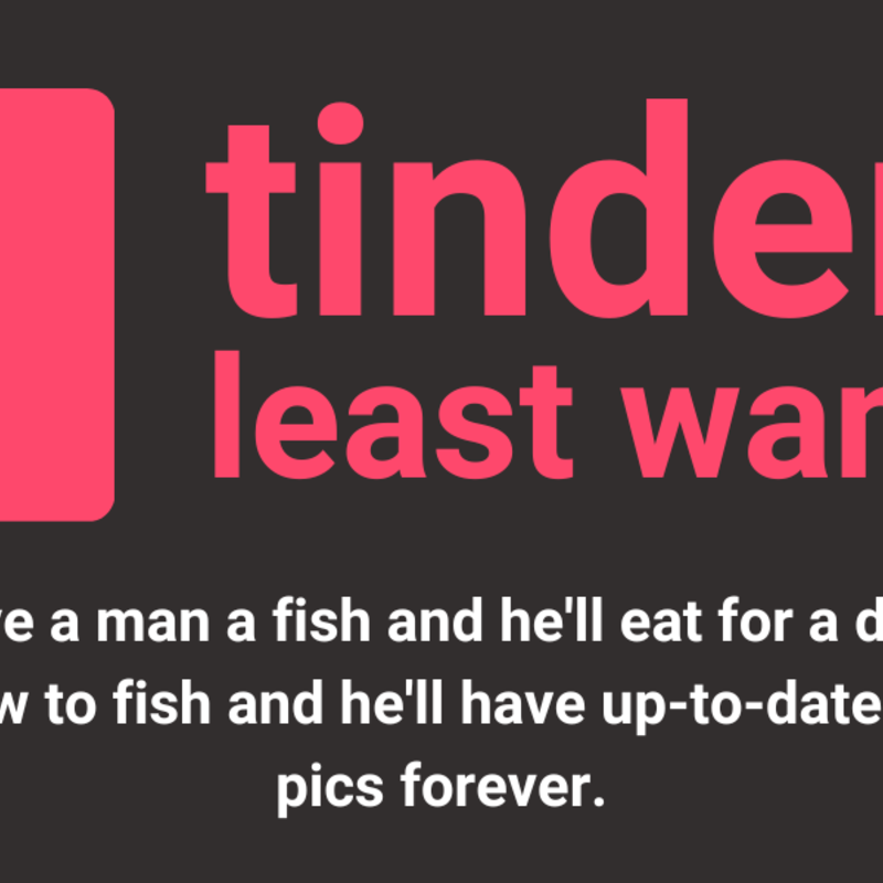 Tinder's Least Wanted logo with subheading, "give a man a fish and he'll eat for a day, teach him how to fish and he'll have up to date tinder profile photos forever.