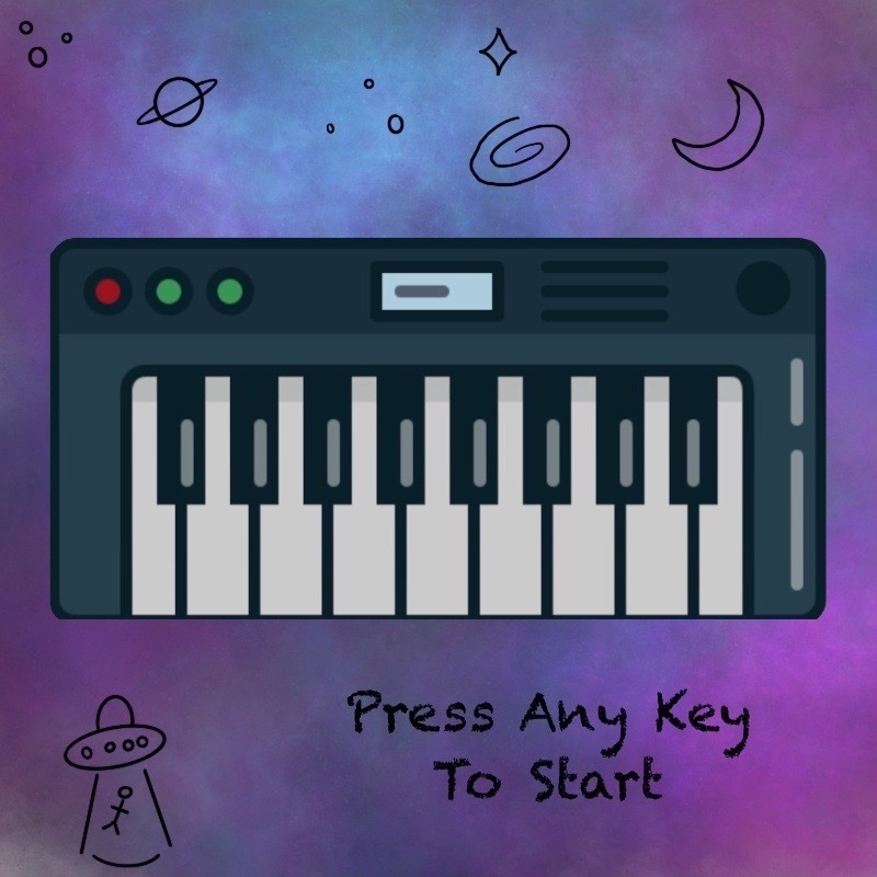 Press Any Key To Start - The Adelaide Fringe Guide Logo for  "Press Any Key To Start"
A small grey digital piano in the centre on a background of a purple nebula with small drawings of stars, planets, U.F.Os, and the title "Press Any Key To Start" in the bottom left corner.