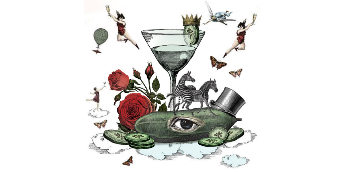 Club Curious - A surrealist image in a sketch style, on a white background. A cucumber with a large eye in its centre and wearing a top hat sits at the bottom of the image. There are several slices of cucumber scattered around its base. Standing on top of the cucumber are two zebras. A large glass with liquid in it is at the centre of the composition - the rim of the glass has a slice of cucumber wearing a crown. At the bottom left of the glass is a large bunch of red roses. Around the glass in the negative space are several women in Victorian-style bathing suits holding glasses of liquids, and several orange butterflies.